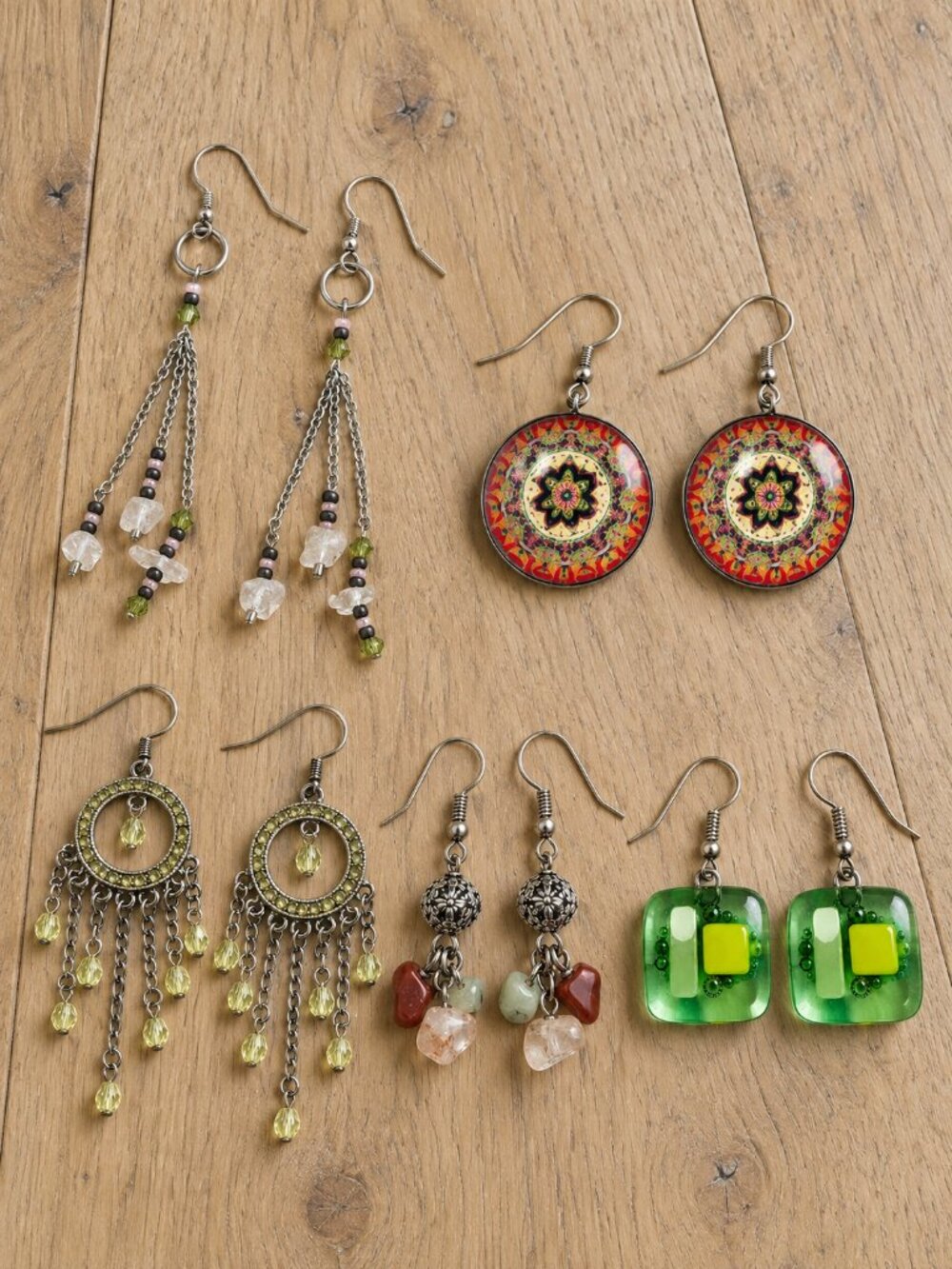 Lot of 5 Boho Dangle Earrings Green Fringe Mandala Glass Beaded Funky Hippie